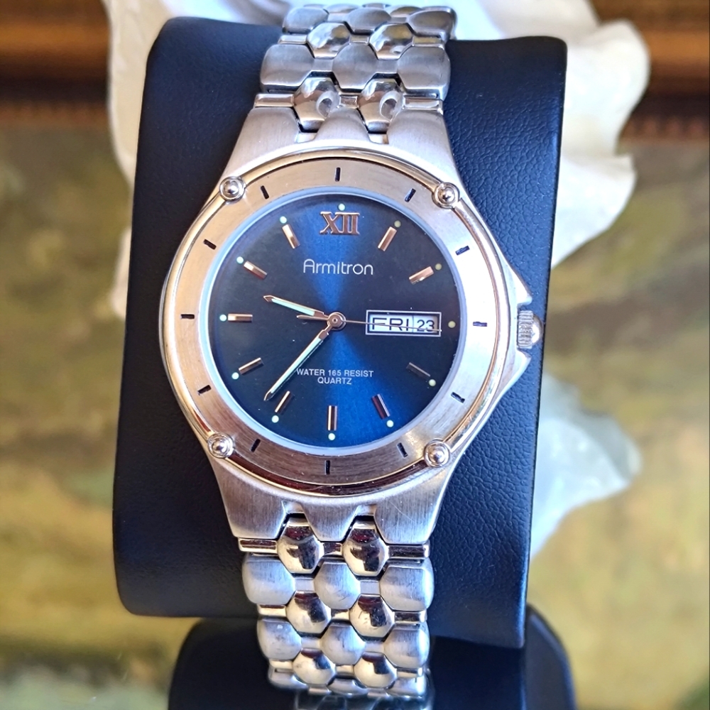 Men's Armitron Watch Royal Blue Dial, Day And Date, New Battery Large SS Band